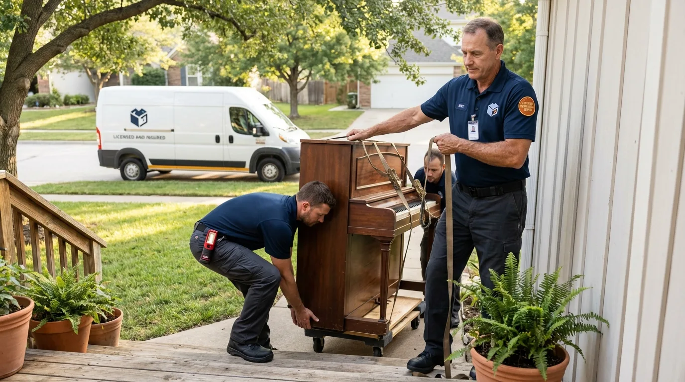 Licensed piano movers securing grand piano in Crosbyton, TX