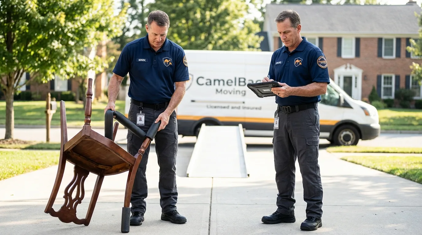 Movers inspecting furniture for damage prevention before loading in Crosbyton, TX